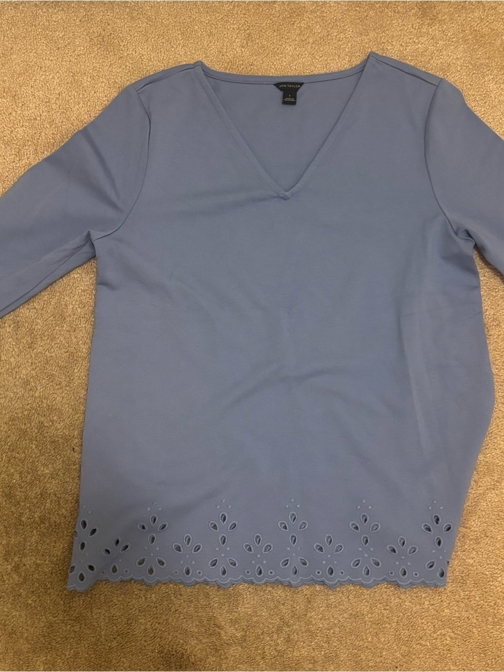Blue V-Neck Top with Eyelet Hem